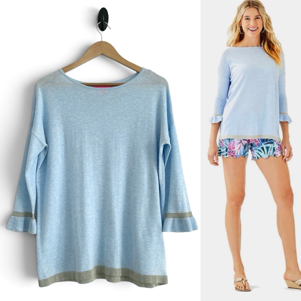 Lilly Pulitzer Women S Blue Gold Coolmax 3/4 Sleeves Ruffle Cuff Charla Sweater